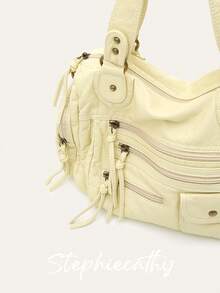 STEPHIECATHY 纯色水洗柔软PU人造革，拉链闭合，多口袋设计，双短肩带，可调节腰带，男女通用，时尚休闲实用，适合大学日常通勤、春夏度假及各种场合。