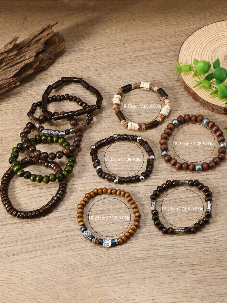 10pcs/Set Bohemian Style Wooden Bead, Sea Turtle, Coconut, Turquoise Bracelet Set, Suitable For Men's Daily Wear - Multicolor - View 2