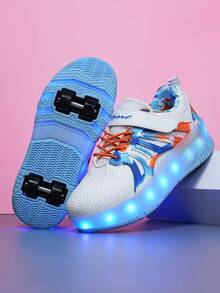 Kids LED Roller Skate Shoes With Double Wheels, Rechargeable, Adjustable, Light-Up Fabric Design, Cute Contrast Color Patchwork Hook And Loop Closure, Sports Sneakers For Boys And Girls, All Season - Orange - View 2