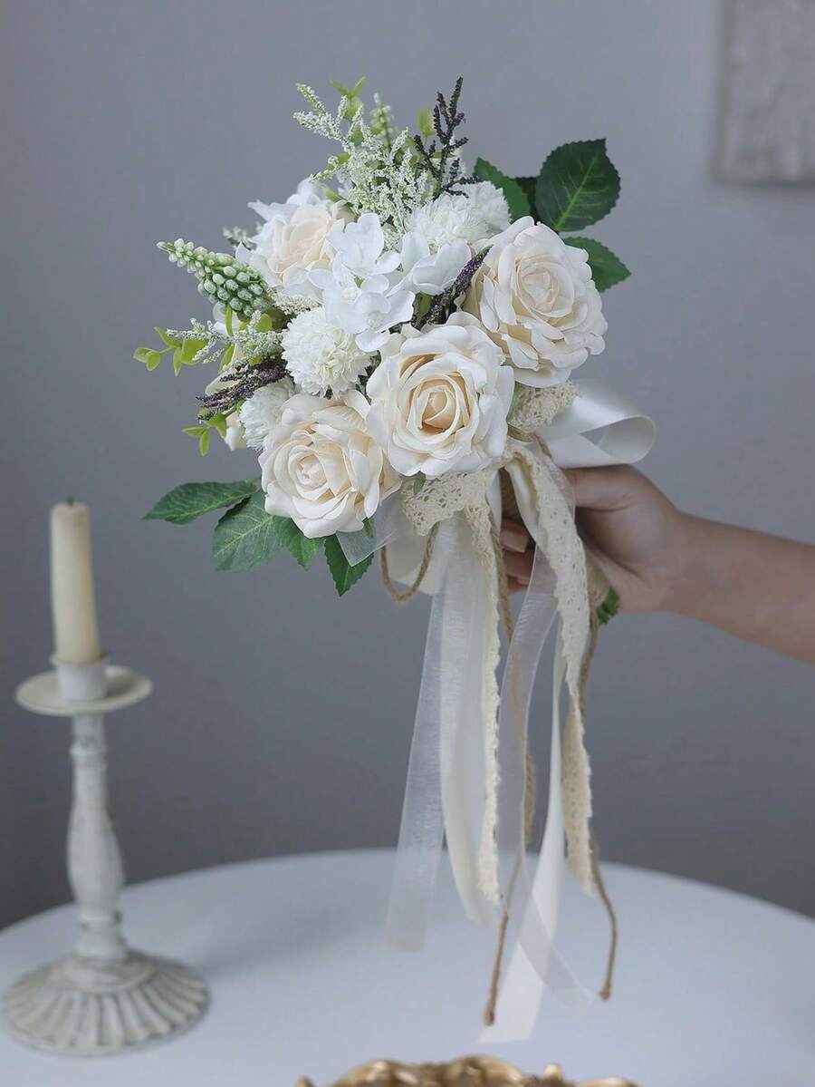 Wedding Bouquets For Bride Bridesmaid,White Champagne Artificial Roses Flowers For Wedding Church Decoration,Artificial Roses Flowers Wedding Bouquets,Bride Bouquets,Bridesmaid Bouquets,Wedding Centerpieces Floral Arrangements Party Home Decor - Wedding Bouquets B - View 1