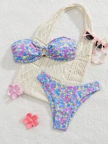 性感欧美碎花比基尼，波西米亚结镶嵌撞色饰边 - 印花 - 查看 1