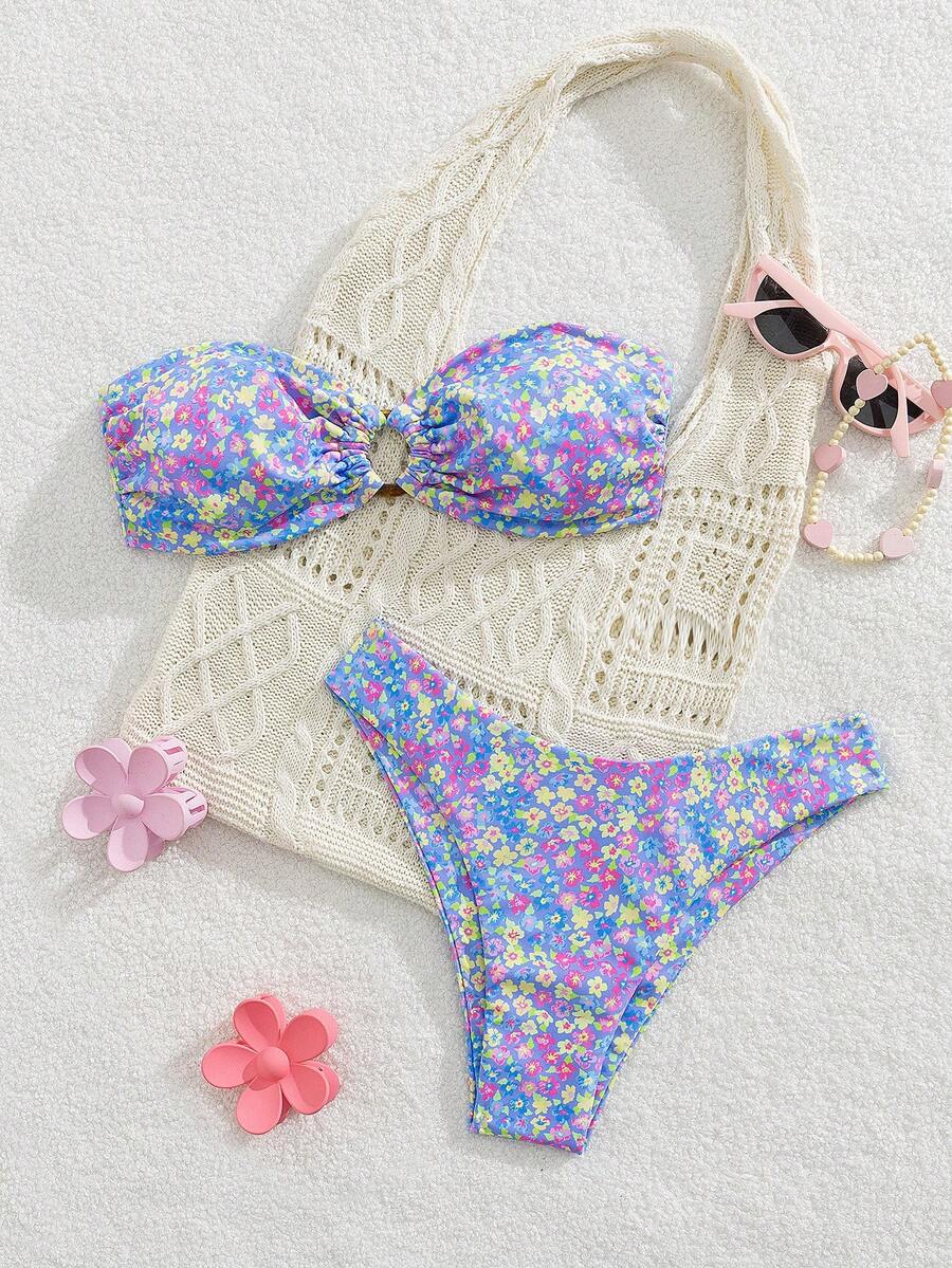 性感欧美碎花比基尼，波西米亚结镶嵌撞色饰边 - 印花 - 查看 1