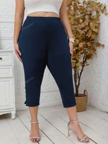 Plus Size Women's Button Decorated Elastic Waist Skinny 7/8 Pants, Solid Color Casual Leggings