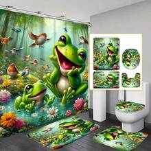1pc/4pcs Cute Frog & Bird Fabric Bathroom Shower Curtain Set With 12 Hooks, Bath Mat, Toilet Lid Cover & U-Shaped Mat, Bathroom Accessories Shower Curtain 4-Piece Set, All-Purpose For Daily Use, Household Essential Home Bathroom Decor Fall Decor Back To School