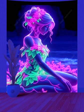 Tapiz de diosa neón, reactivo a los rayos UV, con diseño botánico resplandeciente, místico, para decorar paredes, meditar, dormitorio, sala de estar, con fondo oscuro, estilo bohemio, en tonos rosa y verde