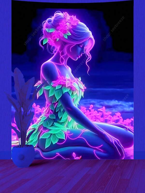 المطرز الإلهي المشع بضوء الأشعة فوق البنفسجية ذو الخلفية الداكنة والألوان الوردية والخضراء، فن الحائط الأسطوري للرقص والتأمل لغرفة النوم وغرفة المعيشة، ديكور بوهيمي من القماش