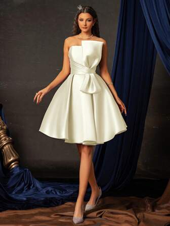 Women's Solid Color Smilprince Cropped Formal Strapless Cocktail Dress, High-Quality Party Gown, Prom Dress