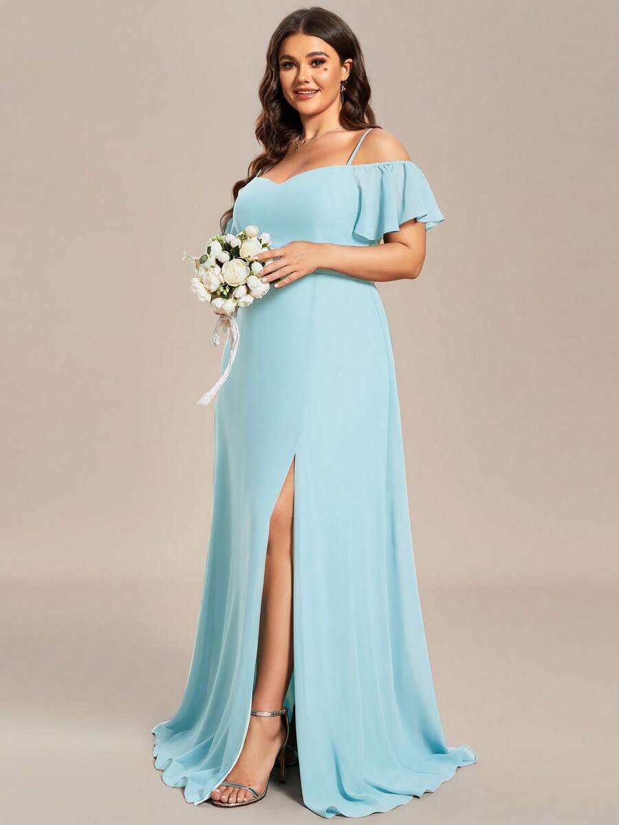 EVERPRETTY 大码优雅浪漫迷人露肩蓝色伴娘礼服，适合秋季婚礼宾客