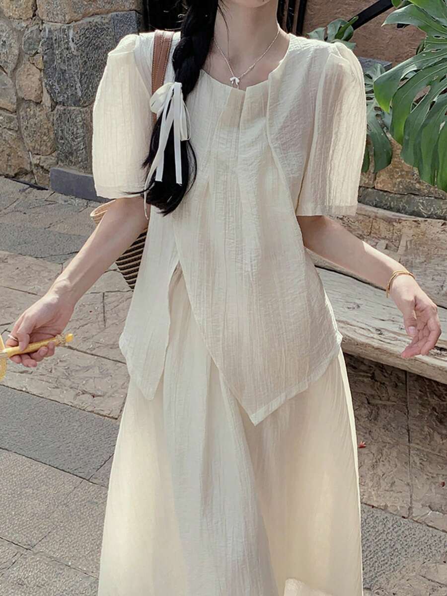 女式交叉系带收腰短衬衫，简约设计，修身，有领 - 杏色 - 查看 1