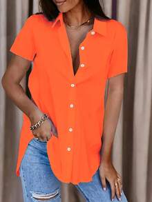 Women's Simple Fashionable Front Button Short Sleeve Shirt - Orange - View 1