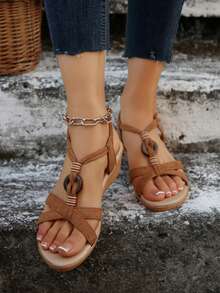 Women's Bohemian Style Wedge Sandals, Suede Leather Casual Vacation Slip-On Platform Shoes, Non-Slip Thick Sole, Fashion Versatile Wedge Sandals, Brown - Brown - View 5