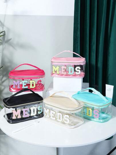 时尚雪尼尔字母贴片盥洗包，MEDS 化妆包 - 带手柄的透明 PVC 旅行药品收纳袋，适用于病人和护士的防水尼龙拉链化妆包