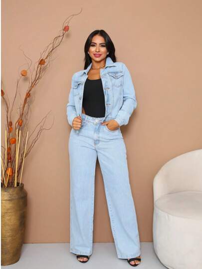 Conjunto Jaqueta Jeans com Calça Wide Leg Jeans Feminina