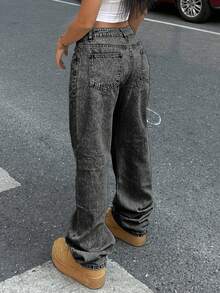 Women Casual Solid Color Water-Washed Wide Leg Denim Jeans For Daily Wear Spring - Grey - View 6