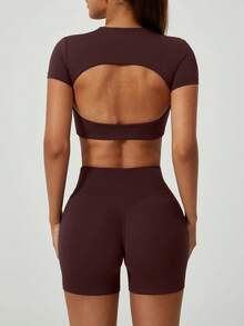 NcmRyu Women's Crop Top With Padded Bra & High Waist Hollow Back Yoga Workout Set, Shapewear - Coffee Brown - View 5