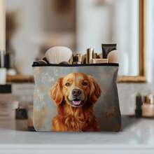 Golden Retriever Makeup Bag, Cute Pet Storage Pouch, Large Capacity Handbag, Retro Oil Painting Style Fashion Gift