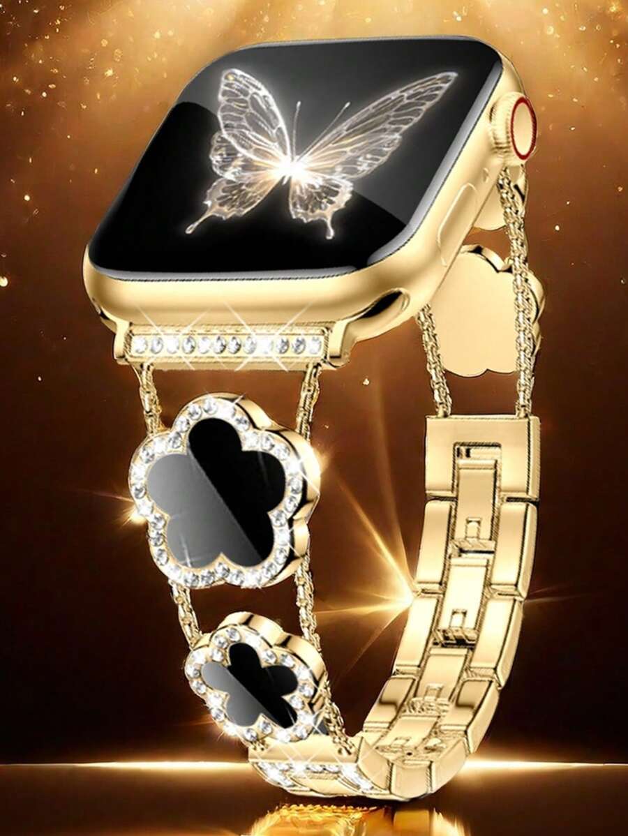 1pc Compatible With Apple Watch Band Watch Strap Women, Black Five Leaf Clover Diamond Golden Copper Strap, Summer Flowers Metal Bracelet,Compatible With Apple Watch 38/40/41/42/44/45/46/49 Mm, Compatible With Apple Watches Series Ultra3/2/1/Se/10/9/8/7/6/5 4/3/2/1, Ms Old Money Wind High Fashion Accessories