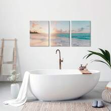 3 件海洋海滩日落帆布墙面艺术套装 - 现代农舍装饰，防水松木框架印刷品，适合客厅、卧室、家庭办公室 - 完美的礼物之选