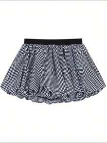 Petite Contrast Plaid Ruffle Hem Mini Skirt, High Waist Flare A-Line Skirt For Women, Summer - Black and White - View 3