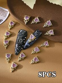 8 Stücke mehrfarbige Gothic Stil 3D Teufelsherz Strass Nail Art Dekorationen, mit Kupfer Zirkonia besetzt, Y2K Metallic Charm, DIY Salon Kunstbedarf, Nagelschmuck, Nagel-Accessoires, Fake Nagel Deko