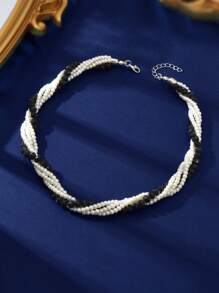 1 Pc Elegant Faux Pearl White And Black Beads Winding Collar Necklace Wedding Party Bridal Jewelry Accessories