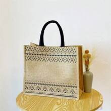 Large Capacity Linen Tote Bag With Tropical Print, Daisy, Letter, Geometric Pattern, Convenient For Carrying, Suitable For All Seasons - Brown - View 6