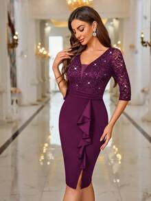 MIUSOL Deep V-Neck Sequin Floral Lace Ruffle Trim Cocktail Party Bodycon Dress - Maroon - View 6