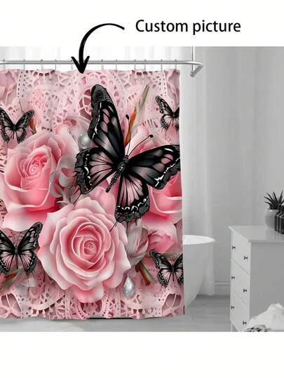 1pc Customized Printed Shower Curtain, Personalized Photo Shower Curtain, Custom Portrait Bathroom Curtain With Photos And Text, Waterproof Bathroom Decor, Best Gift For Wedding, Couple, Family, Holiday, Parents Birthday Fall Decor Bathroom Accessories Back To School