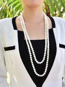 1pc Classic French Elegant Cheongsam Dress Accessory, Vintage Pearl Necklace Double Layer Long Sweater Chain For Women - White - View 2