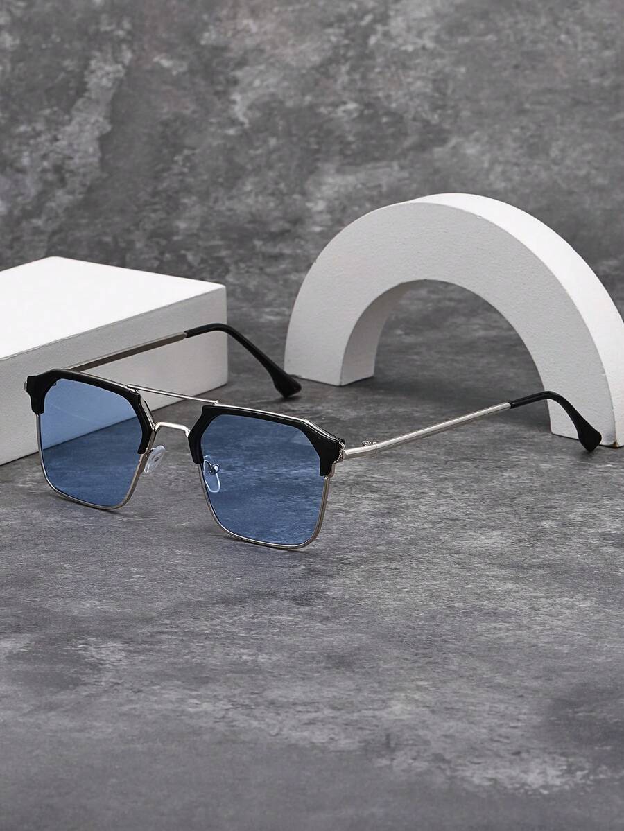 Vintage Square Aviator Sunglasses For Women, Metal Frame Fashion Classic Sunglasses For Outdoor Travel Beach Holiday Casual Daily Wear, Sun Protection UV-Resistant Driving Glasses For Men For Summer Beach Vacation,Outdoor,Travel - 藍色 - 查看 1