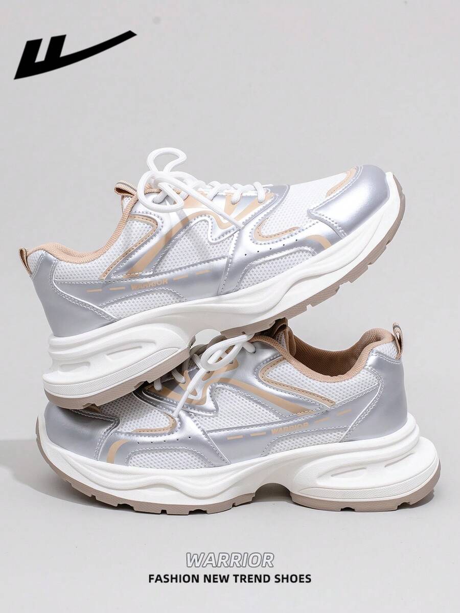 1 Pair WARRIOR Women's Casual Outdoor Sport Shoes, Lace-Up Design, Thick Sole, Low-Top Flat Outdoor Sneakers For Spring And Summer, Comfortable And Stylish, Classic Design Women's Shoes - Silver/white/light Card - View 1