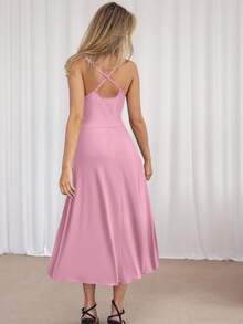 Vestido largo elegante con cuello drapeado, espalda descubierta y cintura ceñida - Rosa - Ver 3