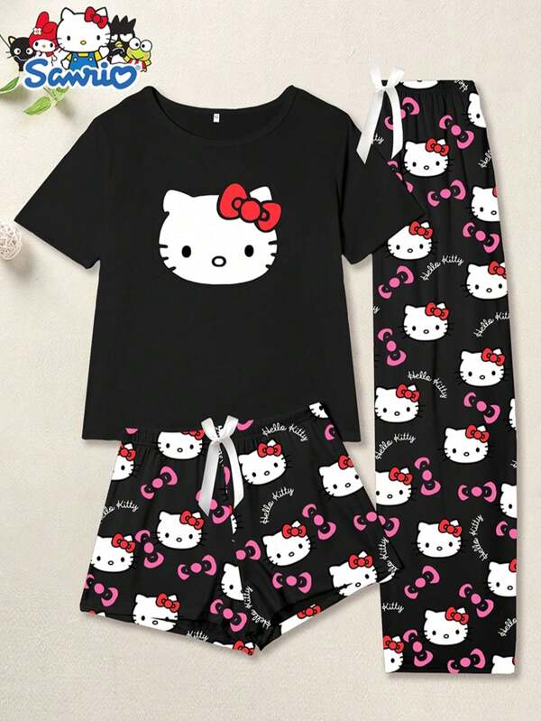 Sanrio 3 pièces ensembles de pyjamas Sanrio, Hello chat - Décontracté Jeune - Femmes Décontracté Pyjamas nœud, Top, Pantalon Long, Pantalon Court