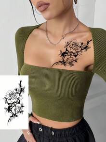黑色臨時紋身貼紙，女性手臂假紋身，花卉圖案，防水，5片/包 - 黑色 - 查看 4