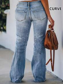 All-Season Simple And Stylish Plus-Size Women's Stretch Slim-Fit Flared Pocket Jeans - 中等水洗藍 - 查看 2