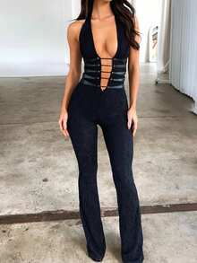 Women's Y2k Lace Jumpsuits Sexy Coquette Halter Neck Cross Backless Sleeveless Long Rompers Summer Slim Fit Playsuits Clubwear Streetwear - 黑色 - 查看 1
