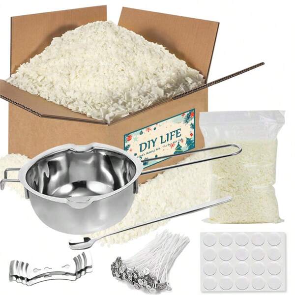 Kit de fabrication de bougies - Fournitures de cire pour la fabrication de bougies - Cire de soja, 10 cm mèches de bougies pré cirées et 2 dispositifs de centrage - 1 pièce de pot de fusion de cire avec poignée pour la fabrication de bougies
