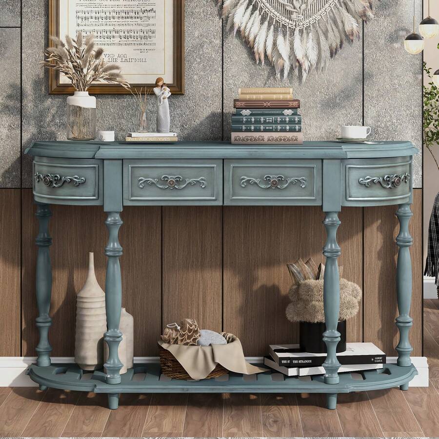 52''Modern And Contemporary Curved Console Table Sofa Table Entryway Table For Hallway Living Room With 4 Drawers And 1 Shelf, Antique Blue