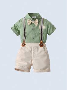 2pcs Set Baby Boy Gentleman Style Short Sleeve Collar Shirt With Bowtie & Khaki Suspender Shorts, Suitable For Birthday Parties, Weddings, Performances And Banquets