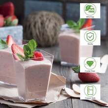 25/50/100 Piezas Vasos de postre de plástico de 5oz con tapas y cucharas, vasos cuadrados transparentes para parfait y aperitivos, vasos pequeños reutilizables para shots, vasos para degustación de postres para fiestas - limpio - Ver 11