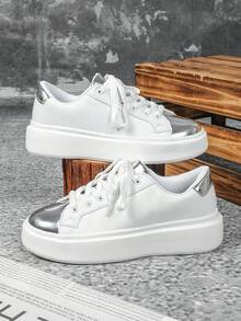 New Arrival Spring/Summer Elegant White & Gold Color Sneakers For Teens And Kids, Low-Top Lace-Up With Thick Sole For Running, Fitness, Walking - Multicolor - View 1