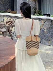 女式交叉系带收腰短衬衫，简约设计，修身，有领 - 杏色 - 查看 6