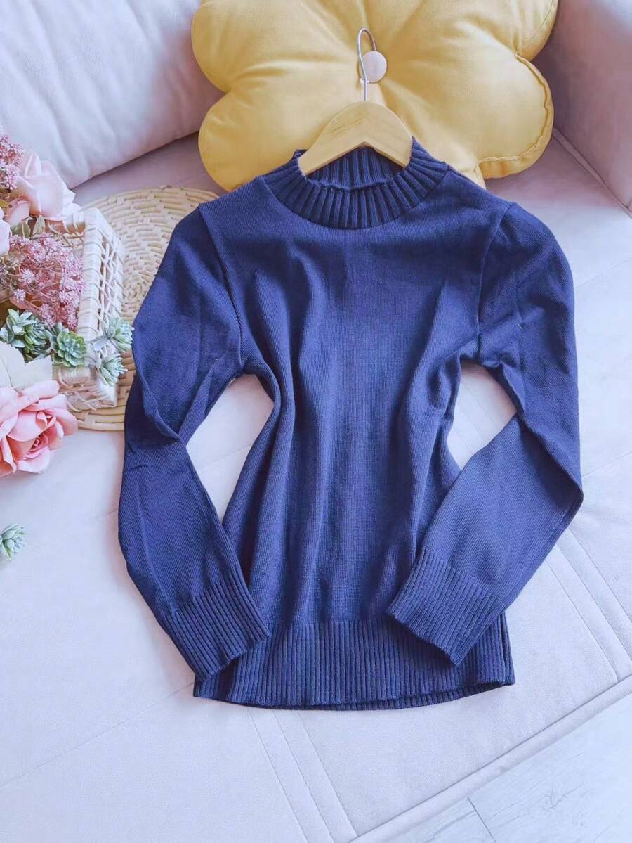 Basic Knitted Cold Weather Blouse Round Neck Sweater Women's Fashion - Azul - Ver 1