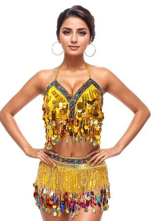 2pcs Women's Belly Dance Costume Set - Sequin Tassel Coin Bra Top With Waist Chain, Suitable For Carnival And Stage Performance