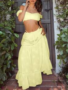 Women's Light Blue Off-Shoulder Crop Top With Puff Sleeves And Ruched Lace Detail Boho Vacation Style - 黃色 - 查看 5