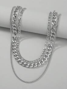 Nooxian 3pcs/Set Kalung Rantai Hip Hop Jalanan Unisex yang Berlebihan, Cocok untuk Klub Malam dan Pemakaian Sehari-hari, Gaya Eropa dan Amerika - Perak - View 3