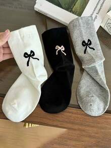 3 Pairs Women's Bow Decor Black, White, Grey Mid-Calf Socks, Collegiate Style Street Fashion, Comfortable Soft Everyday Wear - Multicolor - View 2