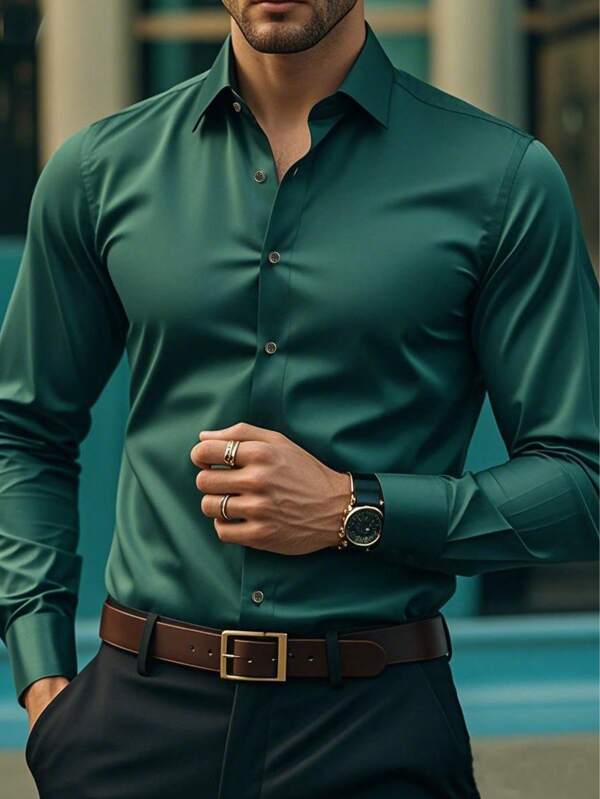 Men's Solid Color Gold Button Design Formal Long Sleeve Shirt