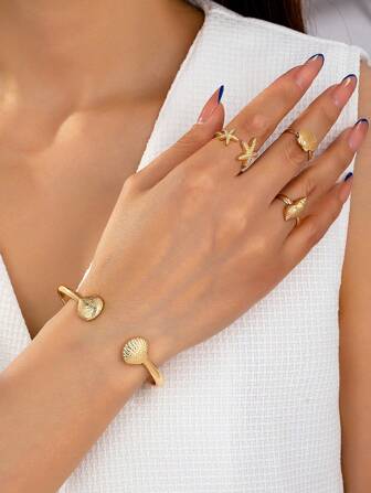 1 Set Bohemian Summer Vacation Starfish Shell Conch Women Open Bangle Rings Jewelry Gift Set, Casual Holiday All-Match Jewelry