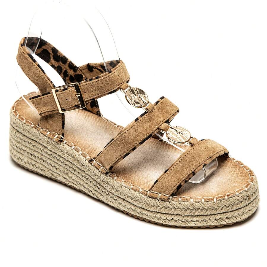 Women's Wedge Sandals With Rope Sole And Gold Medallions - Camel - View 1